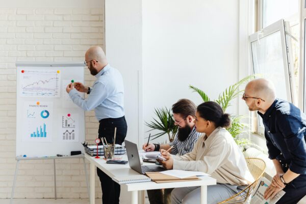 A confident business team reviewing market outreach plans in a modern office