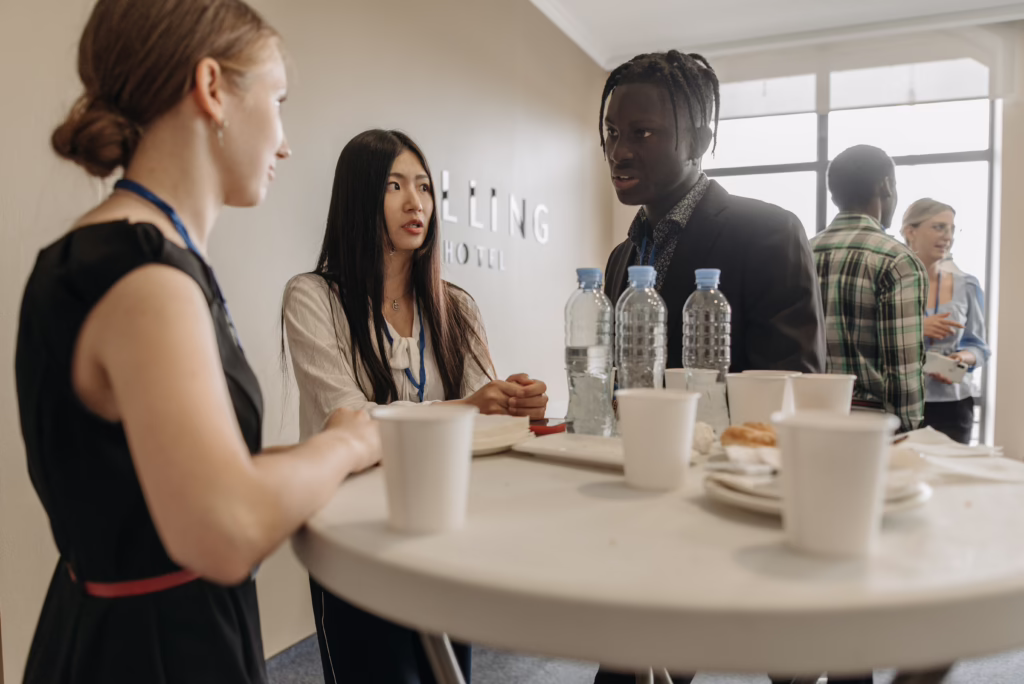 Professional networking event with job seekers building meaningful career connections and discussing opportunities